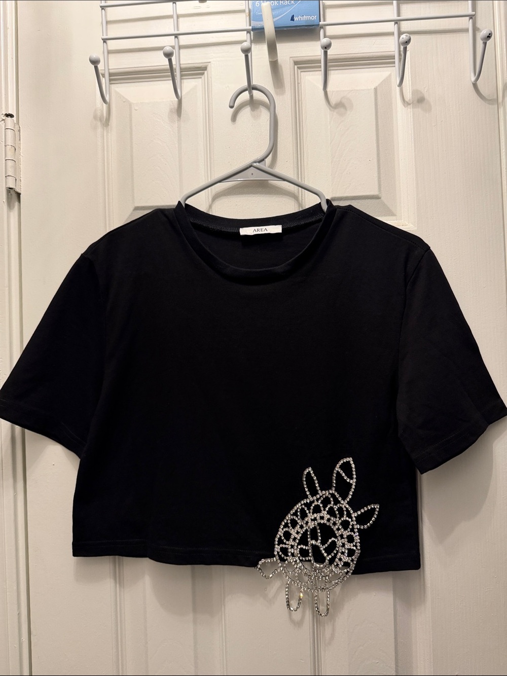 AREA Black Cropped Tee with Rhinestone Turtle Embellishment